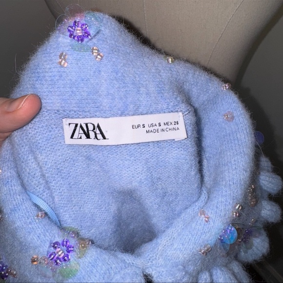 Zara Women’s S Soft Blue Peter Pan Embellished Beaded Collar Knit Sweater Top - Picture 7 of 9